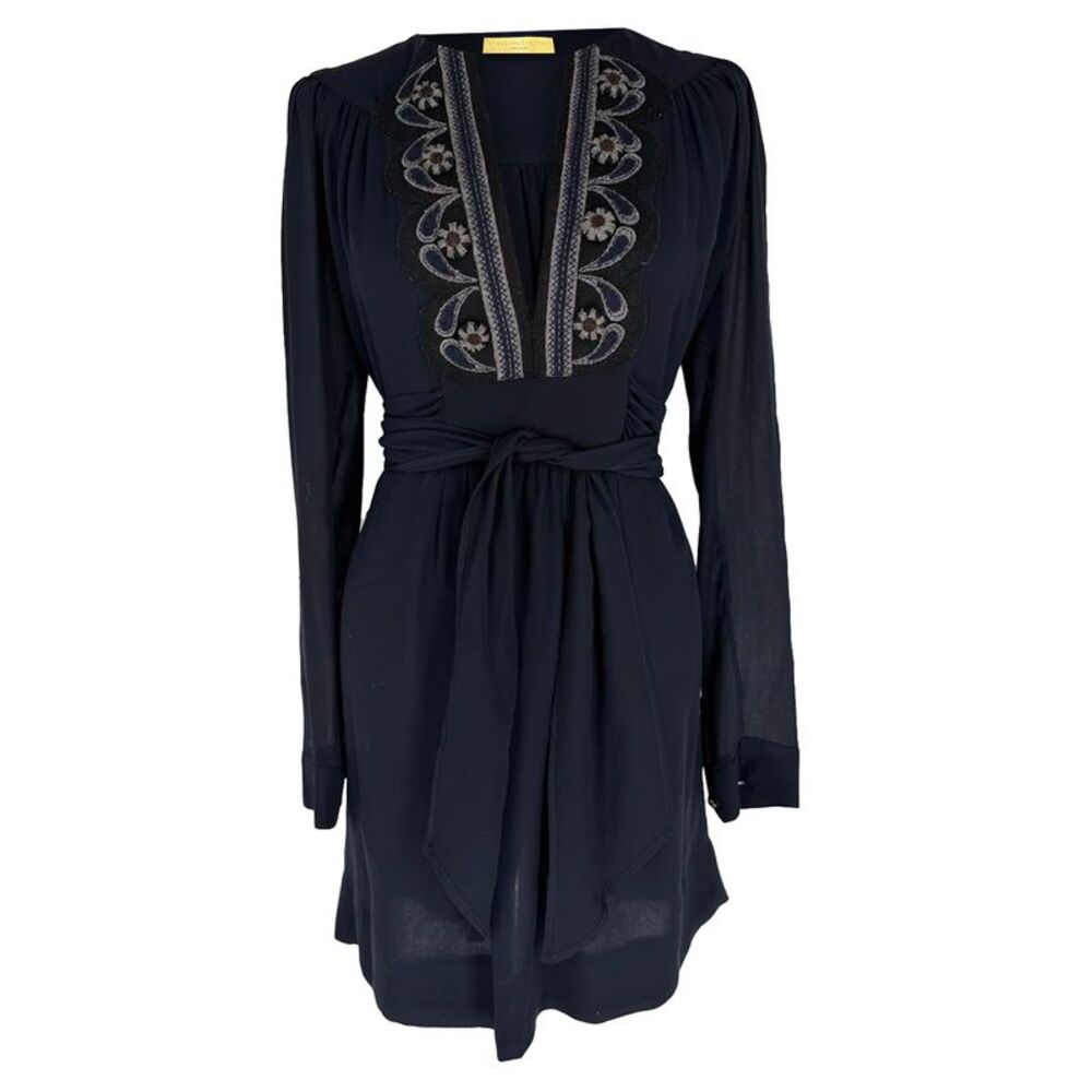 Stella McCartney V-neck Embroidered Dress in Navy Blue Silk